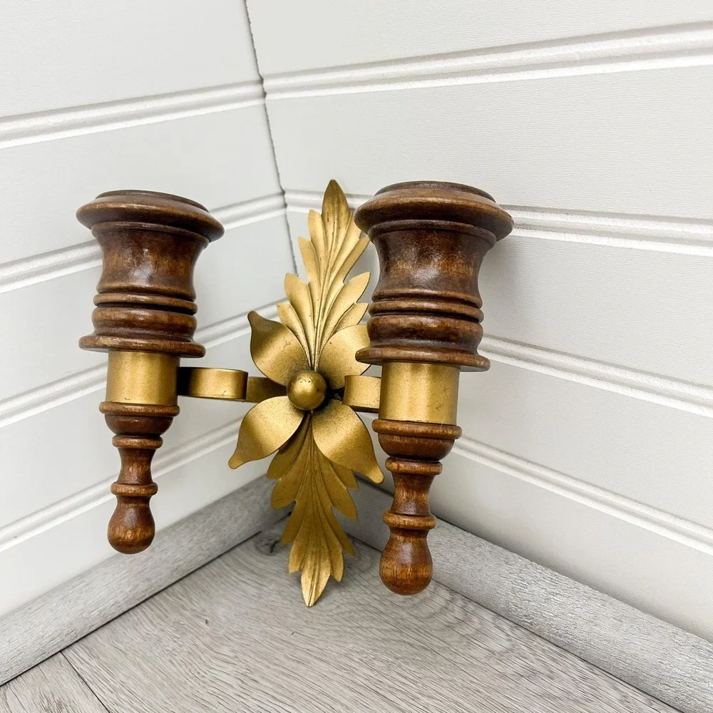 Solid‎ Wood and Brass Wall Sconce Candleholder - Vintage Hollywood Regency Decor